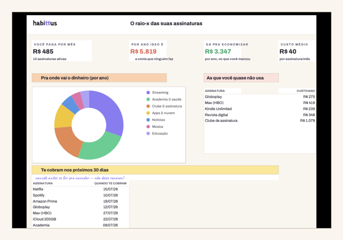 Raio-X das assinaturas: custo anual, economia possível e gráfico de pizza